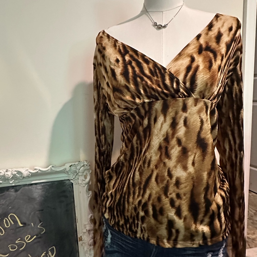 Y2K Leopard Print V-Neck Long Sleeve Top